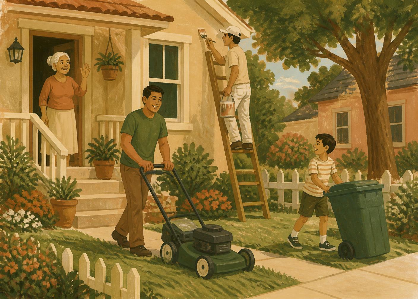 Neighbors mowing a lawn, painting a wall and rolling in a trash bin while an older neighbor waves from her porch